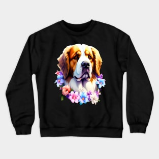 Saint Bernard Dog Surrounded by Beautiful Spring Flowers Crewneck Sweatshirt